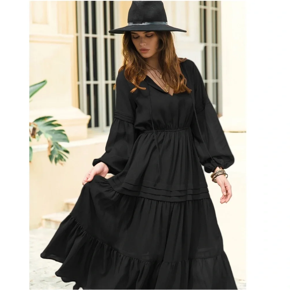 Black Bohemian Maxi Dress Chiffon Neck Ties Long Sleeve Ruffle Hem Flowy - Picture 7 of 10